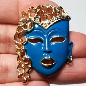 Vintage Art Blue Enamel Face Mask Brooch Gold Tone Brooch 1.5" Unsigned